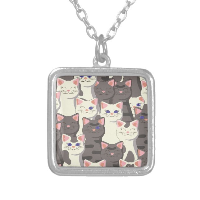 White and gray cats pattern silver plated necklace (Front)