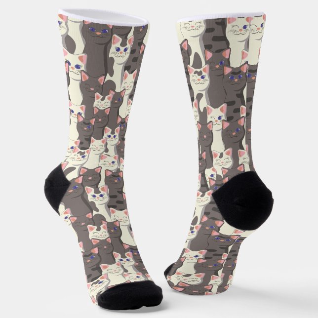 White and gray cats pattern socks (Angled)
