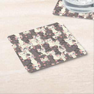White and gray cats pattern square paper coaster