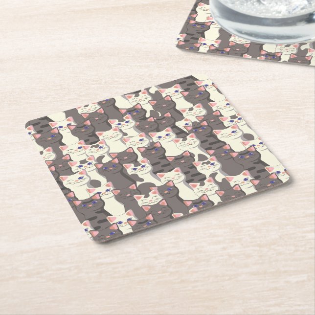 White and gray cats pattern square paper coaster (Angled)