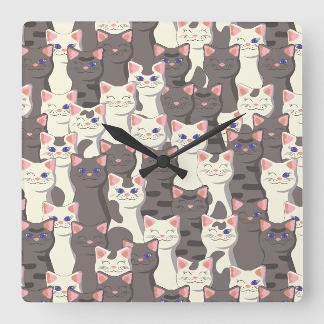 White and gray cats pattern square wall clock (Front)