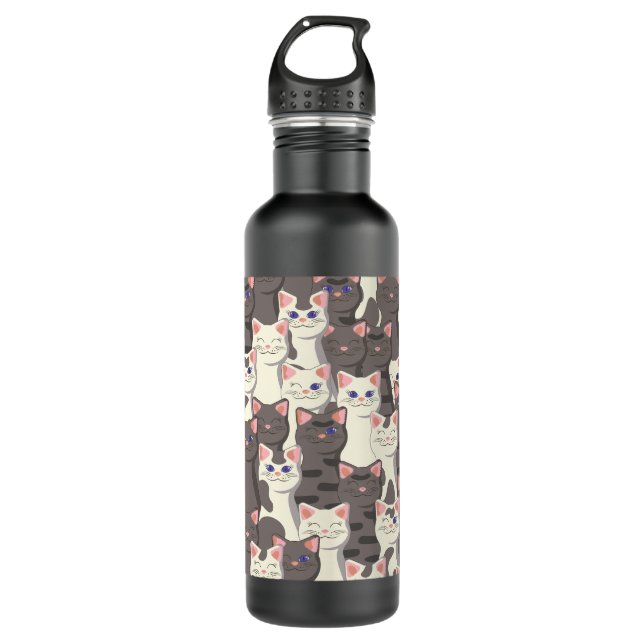White and gray cats pattern stainless steel water bottle (Front)