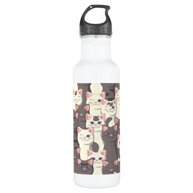 White and gray cats pattern stainless steel water bottle (Front)