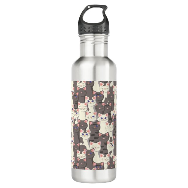White and gray cats pattern stainless steel water bottle (Front)