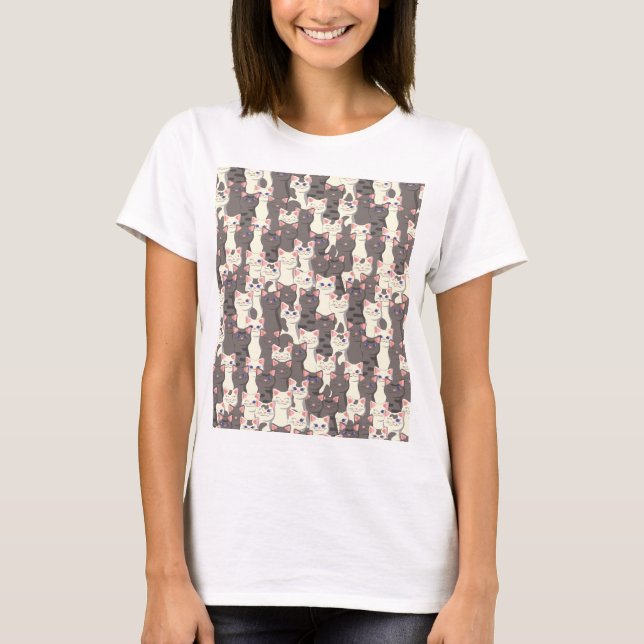 White and gray cats pattern T-Shirt (Front)