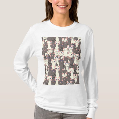 White and gray cats pattern T_Shirt