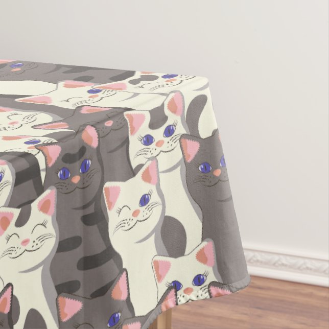 White and gray cats pattern tablecloth (In Situ)