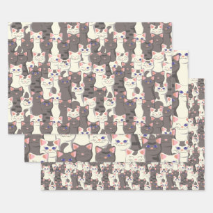 White and gray cats pattern wrapping paper sheets