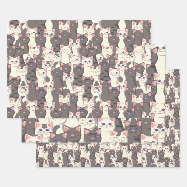 White and gray cats pattern wrapping paper sheets (Set)