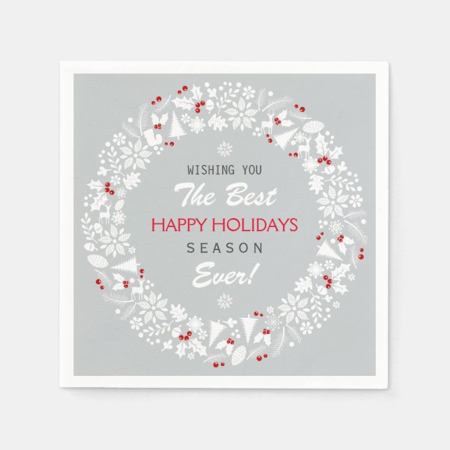 White And Gray Christmas Wreath Happy Holidays Napkins (Front)