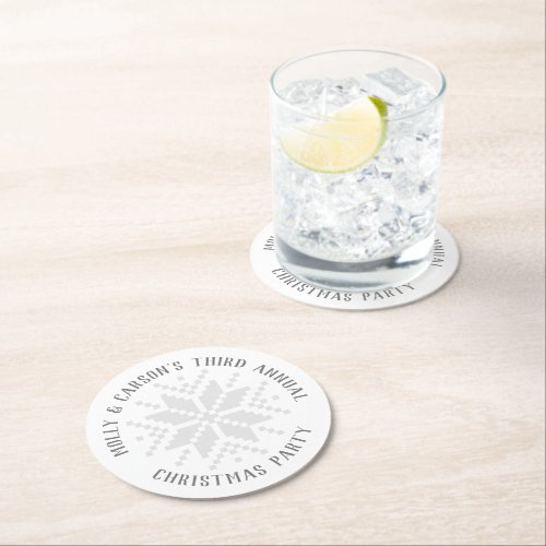 White and Gray Custom Text Snowflake Holiday Party Round Paper Coaster