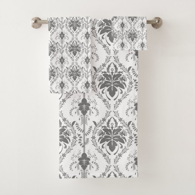 White and gray Damask openwork pattern Bath Towel Set (Insitu)