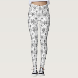 White and gray Damask openwork pattern Leggings
