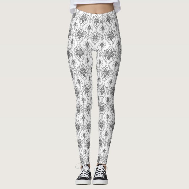 White and gray Damask openwork pattern Leggings (Front)