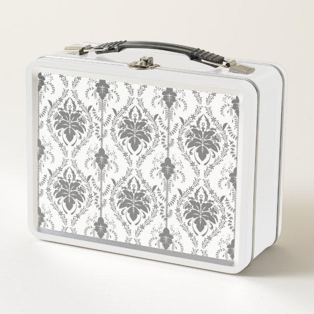 White and gray Damask openwork pattern Metal Lunch Box (Front)