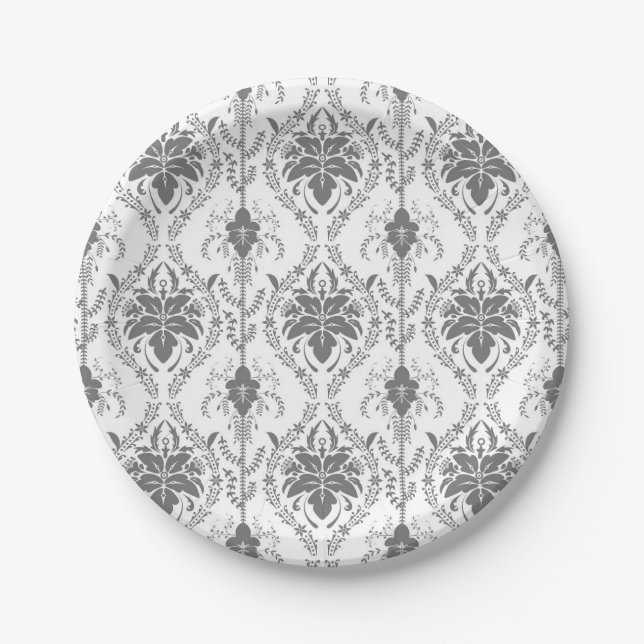 White and gray Damask openwork pattern Paper Plates (Front)