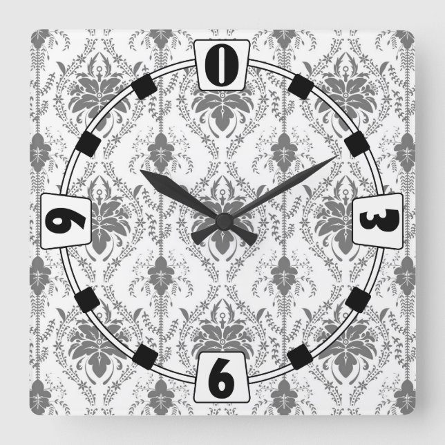 White and gray Damask openwork pattern Square Wall Clock (Front)
