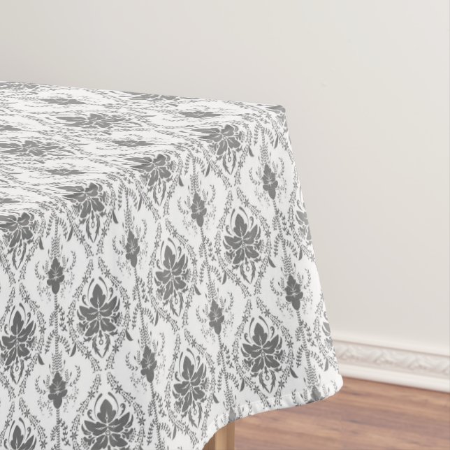 White and gray Damask openwork pattern Tablecloth (In Situ)