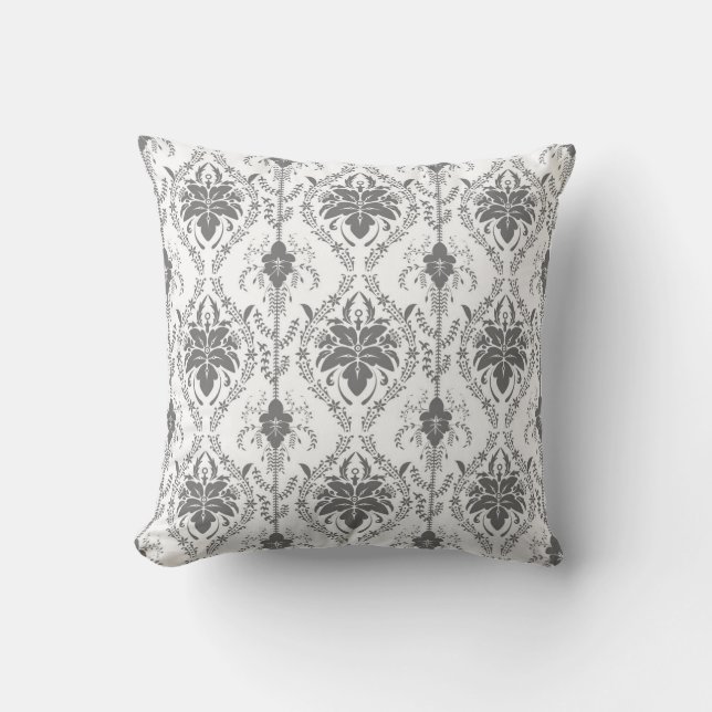 White and gray Damask openwork pattern Throw Pillow (Front)