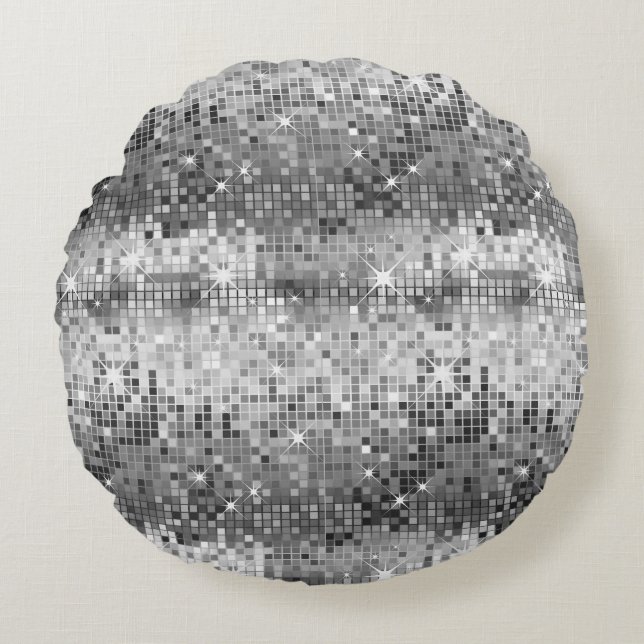White And Gray Disco Glitter Print Round Pillow (Front)