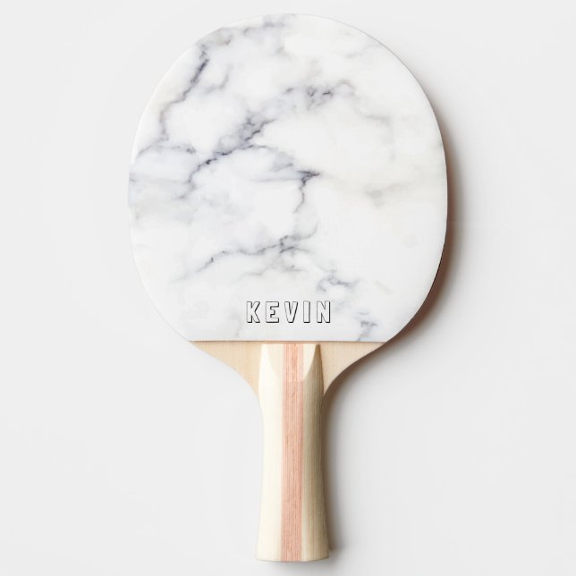 White and gray faux marble custom monogram ping pong paddle (Front)