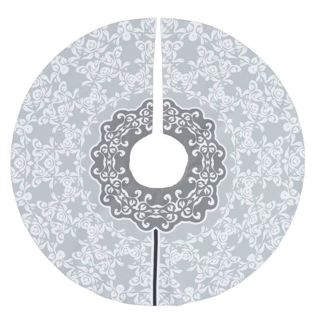 White And Gray Floral Circle ornament Brushed Polyester Tree Skirt (Front)