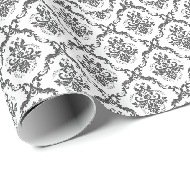 White And Gray Floral Damasks Pattern Wrapping Paper (Roll Corner)