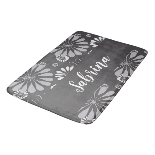 White and gray floral pattern bath mat