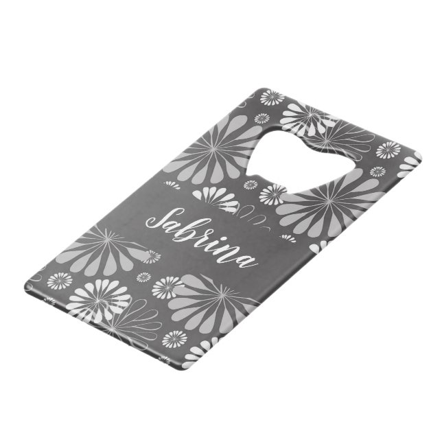 White and gray floral pattern credit card bottle opener (Front Angled)
