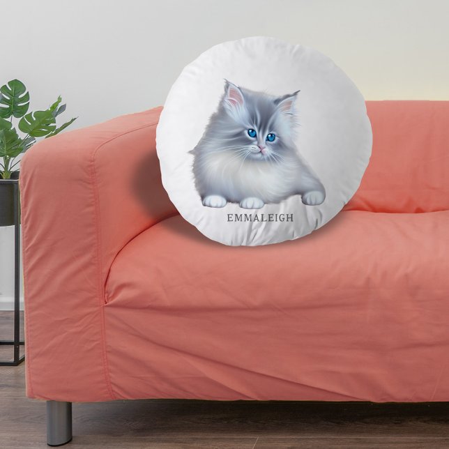 White and Gray Fluffy Furry Kitten Round Pillow (Creator Uploaded)