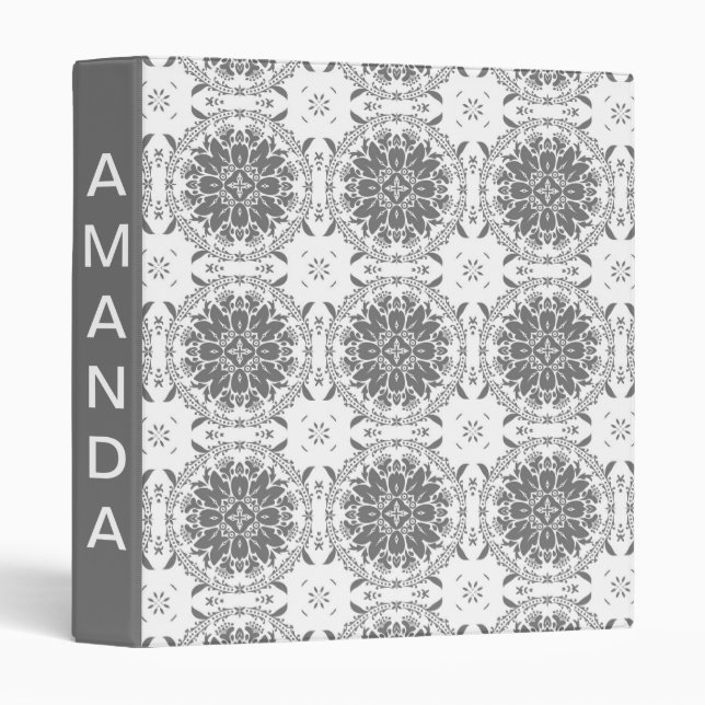 White and gray folklore ornament damask 3 ring binder (Front/Spine)