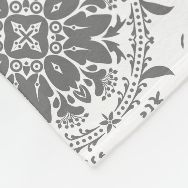 White and gray folklore ornament damask fleece blanket (Corner)