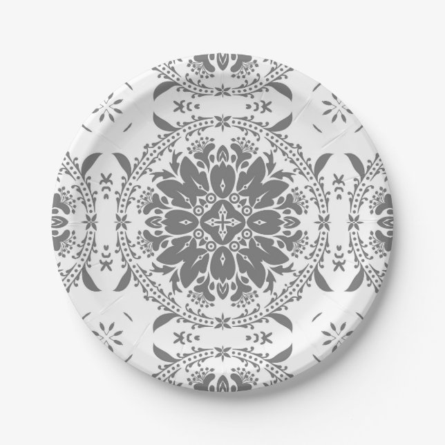 White and gray folklore ornament damask paper plates (Front)