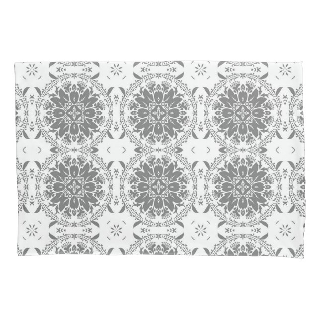 White and gray folklore ornament damask pillow case (Front)