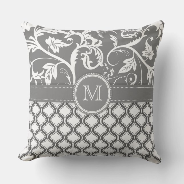 White And Gray Geometric Pattern And Floral Design Throw Pillow (Front)