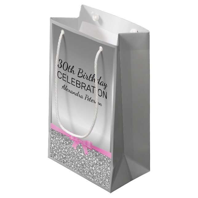 White And Gray Glitter Birthday Small Gift Bag (Front Angled)
