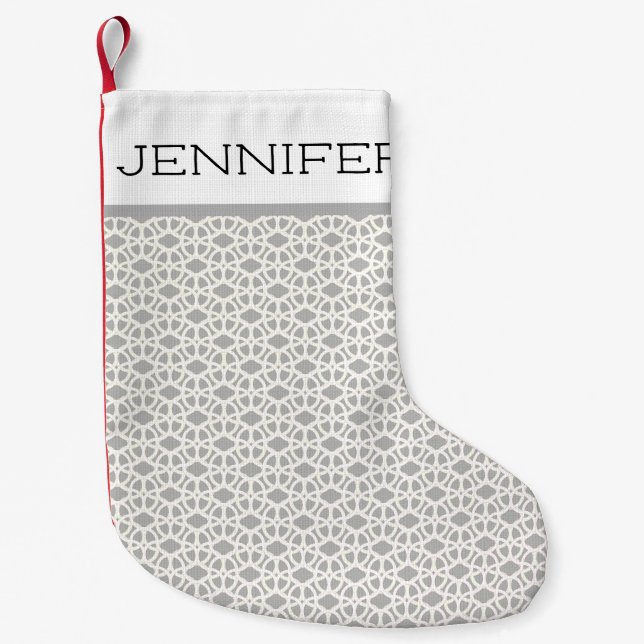 White and Gray Lace Custom Name Small Christmas Stocking (Front)