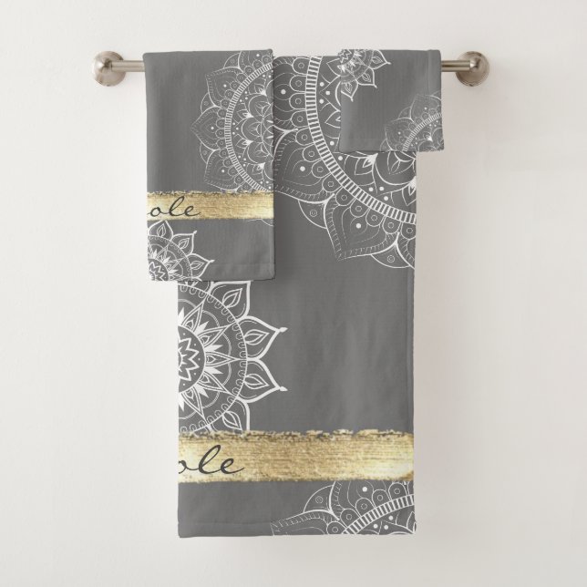 White And Gray Mandala With A Touch  Of Gold Bath Towel Set (Insitu)