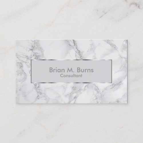 White and Gray Marble and Metallic Silver Design Business Card