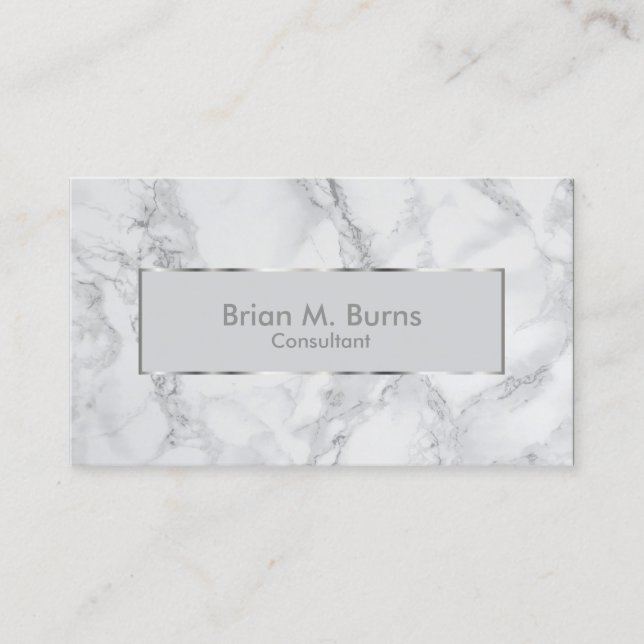 White and Gray Marble and Metallic Silver Design Business Card (Front)