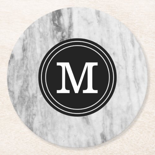 White And Gray Marble Monogrammed Round Paper Coaster