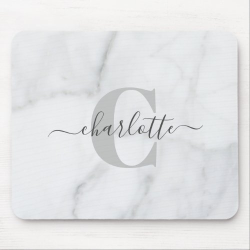 White and Gray Marble Personalized Monogram Name Mouse Pad
