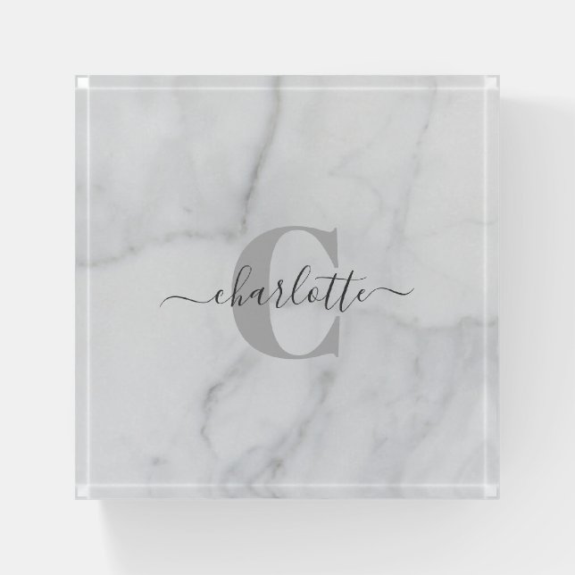 White and Gray Marble Personalized Monogram Name  Paperweight (Front)