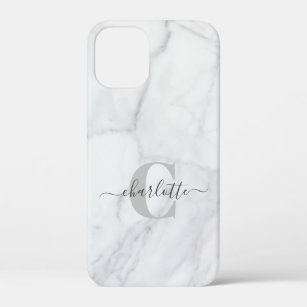 White and Gray Marble Personalized Monogrammed iPhone 12 Mini Case