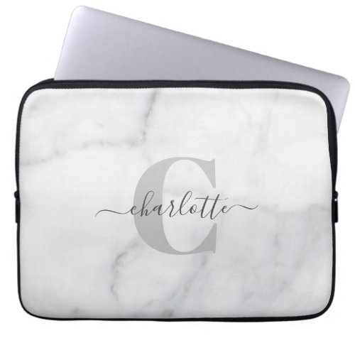 White and Gray Marble Personalized Monogrammed    Laptop Sleeve