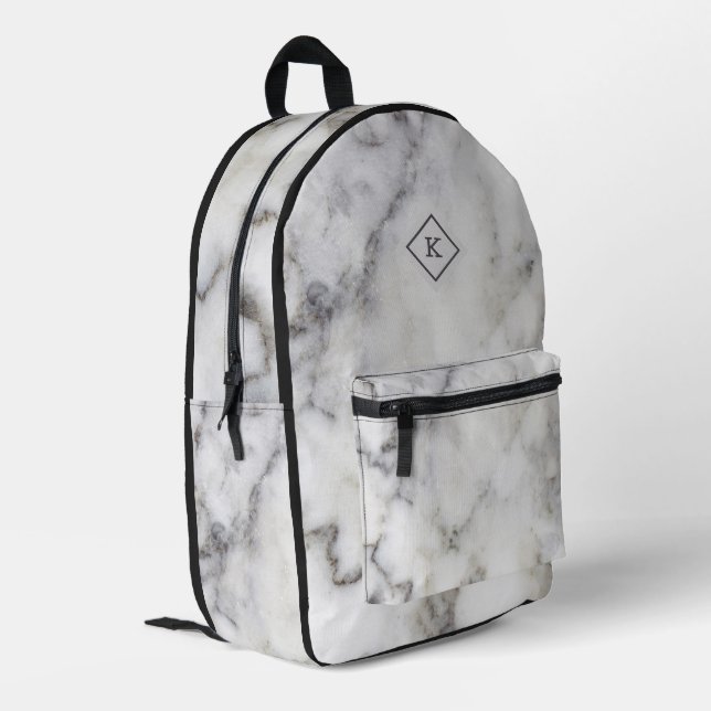 White and gray marble texture print | monogram printed backpack (Back Corner Left)