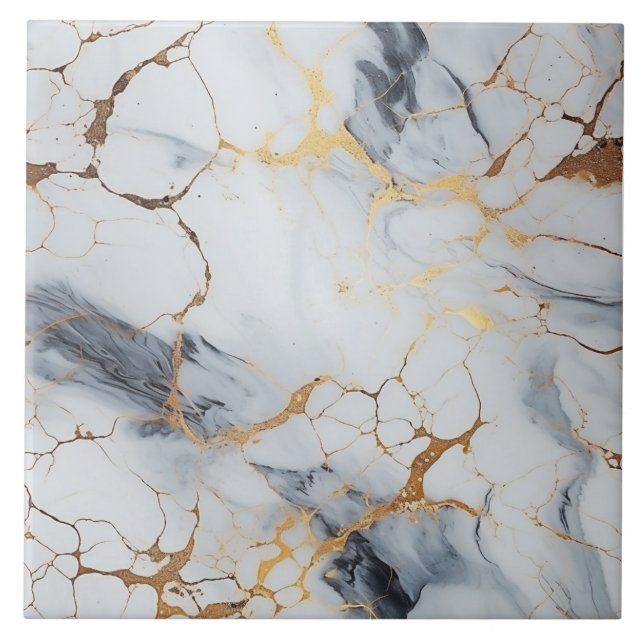 White and Gray Marble with Gold Cracks Ceramic Tile (Front)