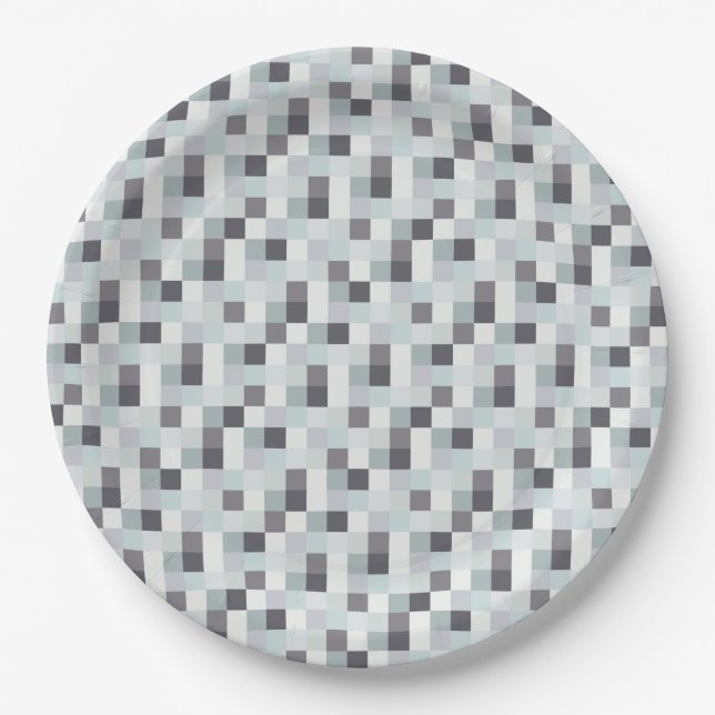 White and Gray Pixelated Pattern Paper Plates (Front)