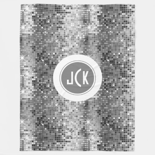 White And Gray Retro Disco_Ball Glitter Monogram Fleece Blanket