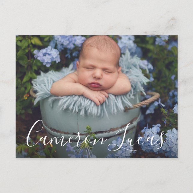 White and Gray Script Calligraphy Collage Birth  Announcement Postcard (Front)